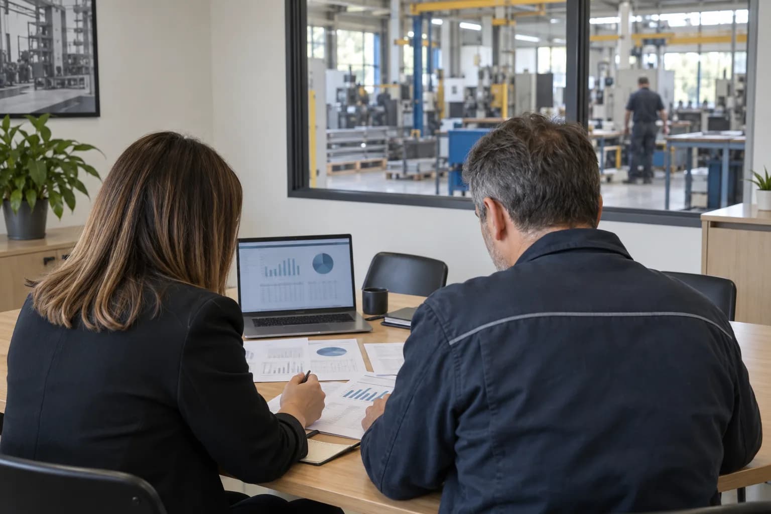Réunion RH sur les augmentations salariales dans une PME industrielle en France, avec documents et ordinateur.