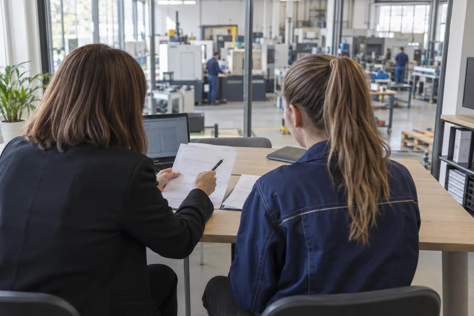 Une responsable RH et une apprentie examinent un dossier de rémunération dans un atelier industriel.