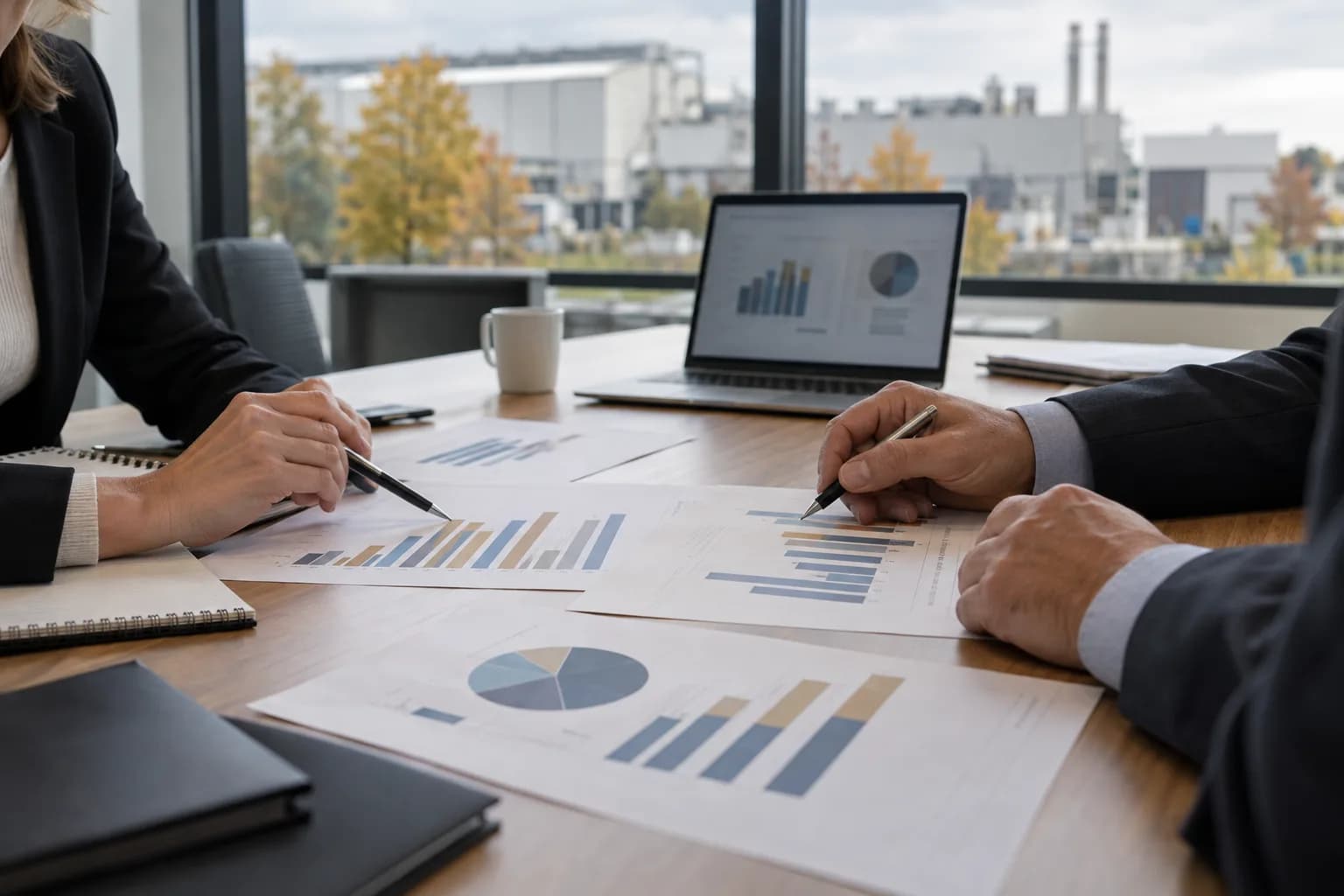 Des équipes RH et finance examinent des graphiques de répartition des salaires dans une entreprise industrielle.